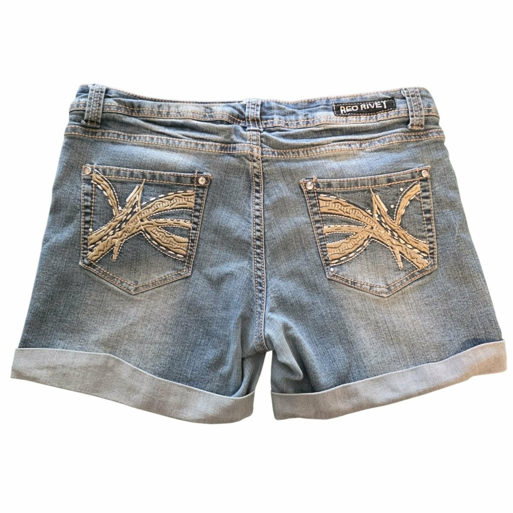 Red Rivet Denim Jean Shorts Distressed Gems & Embroidery Cuffed Juniors 13 34x5